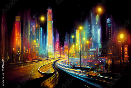 Night city colorful abstract illustration of carlights in timelapse