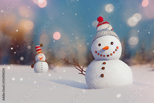 Digital Illustration of an Abstract Christmas Greeting Card with Sparkling Stars and a Snowman