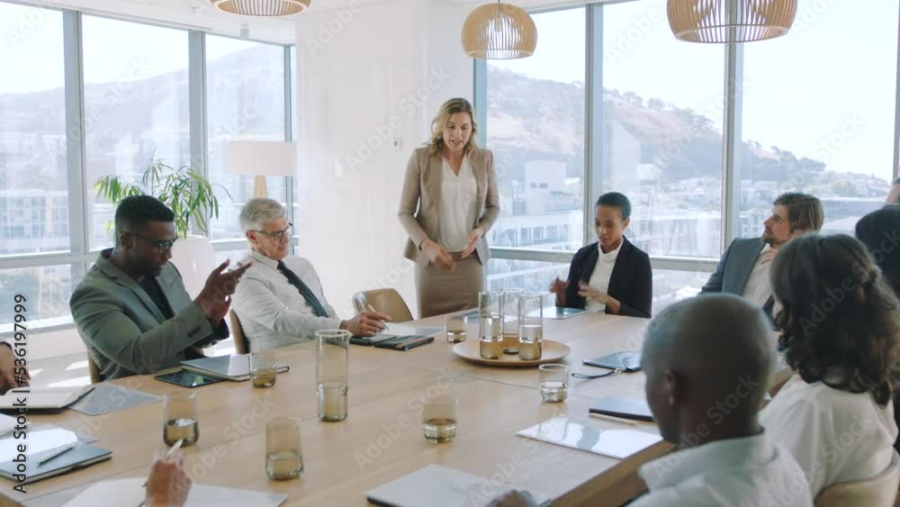 Leader, woman and finance presentation in meeting, documents or charts on table in office. Marketing, data and analytics of female ceo, boss or entrepreneur speaker in discussion with corporate team