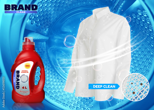 Liquid laundry detergent advertisement design. Clean white shirt and bottle of washing product photo