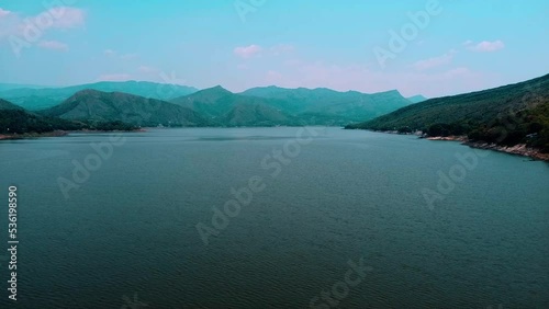 Aerial view upwards of the prado dam where you can see with a lot of water like the sea in tolima colombia - concept of traveling around the world getting to know beautiful places