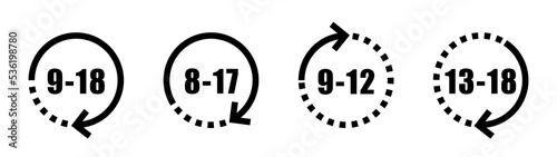 Clock icon set. From start time to end time of office work. Four types clock icons.