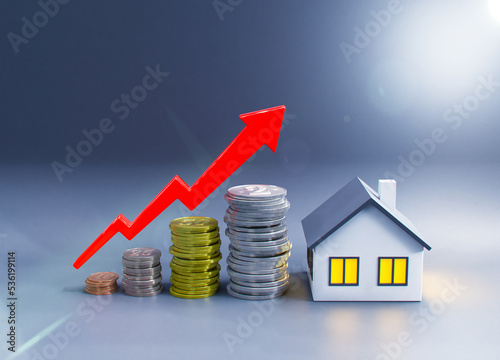 Rising house prices. Red arrow up, coins and a private house. Real estate crisis. Mortgage rates have been raised. Graph of rising house prices. Red chart. 3D rendering