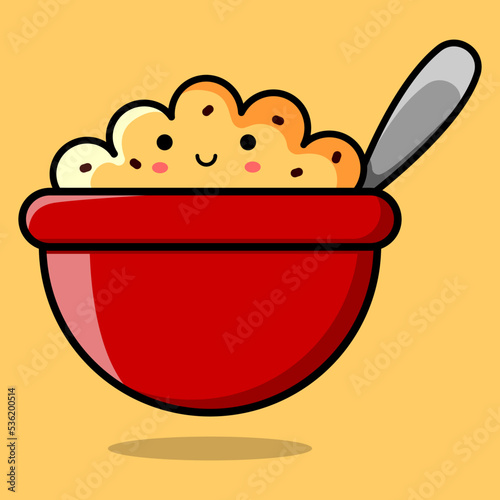 Image of a smiling kawaii porridge with raisins in a red bowl. Vector illustration