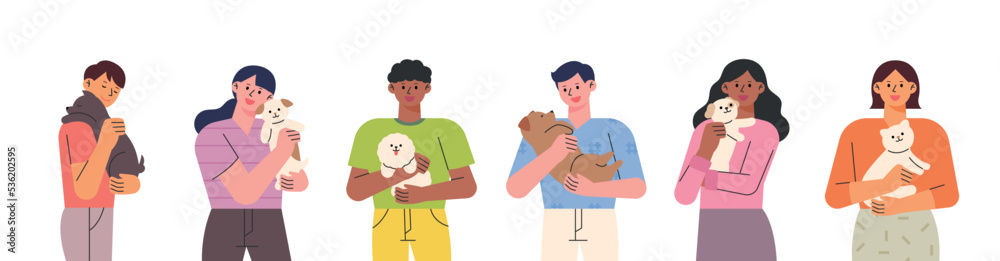 People are hugging small and cute pets. flat design style vector illustration. People are hugging small and cute pets. flat design style vector illustration.