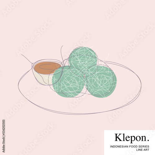 Klepon or kelepon, a snack of sweet rice cake balls filled with molten palm sugar and coated in grated coconut. Indonesian Food set collection Cartoon Line Art Vector Illustration Template