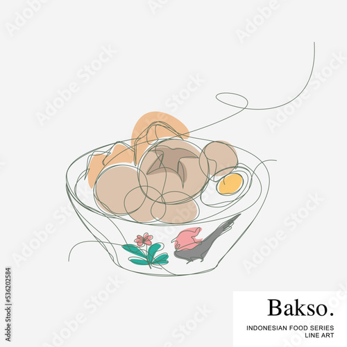 Bakso or baso is an Indonesian meatball. Indonesian Food set collection Cartoon Line Art Vector Illustration Template