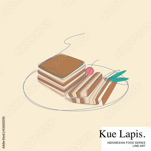 Lapis Manado, traditional steamed layered cake made from rice flour and coconut milk. Indonesian Food set collection Cartoon Line Art Vector Illustration Template