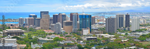 Panorama of downtown Honolulu business district with skyscrapers on the island of Oahu in Hawaii.