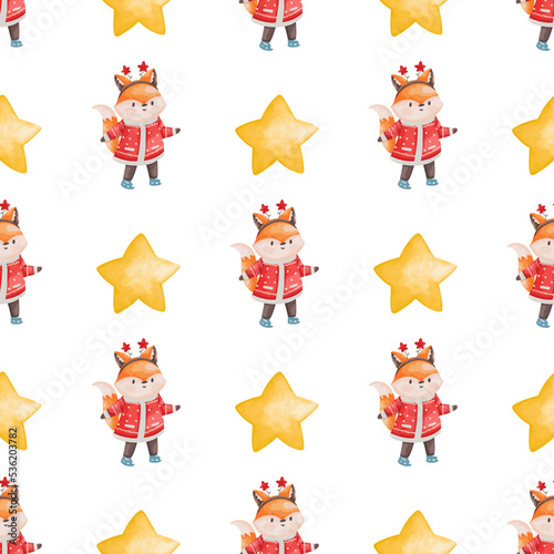 Christmas Fox Seamless Pattern Background, Christmas, New Year Illustration Background..