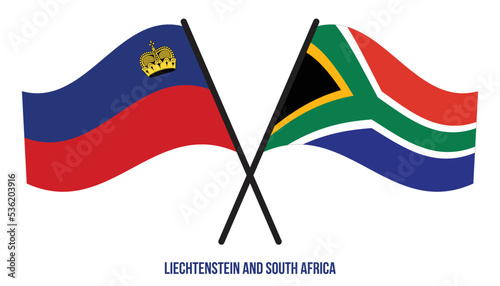 Liechtenstein and South Africa Flags Crossed And Waving Flat Style. Official Proportion