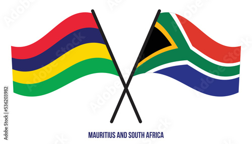 Mauritius and South Africa Flags Crossed And Waving Flat Style. Official Proportion. Correct Colors.