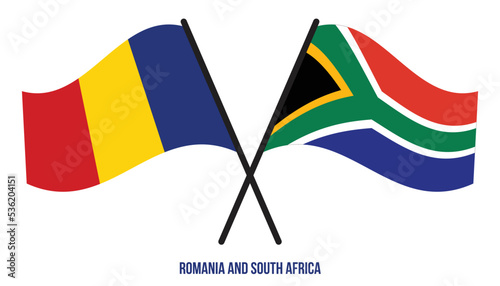 Romania and South Africa Flags Crossed And Waving Flat Style. Official Proportion. Correct Colors.