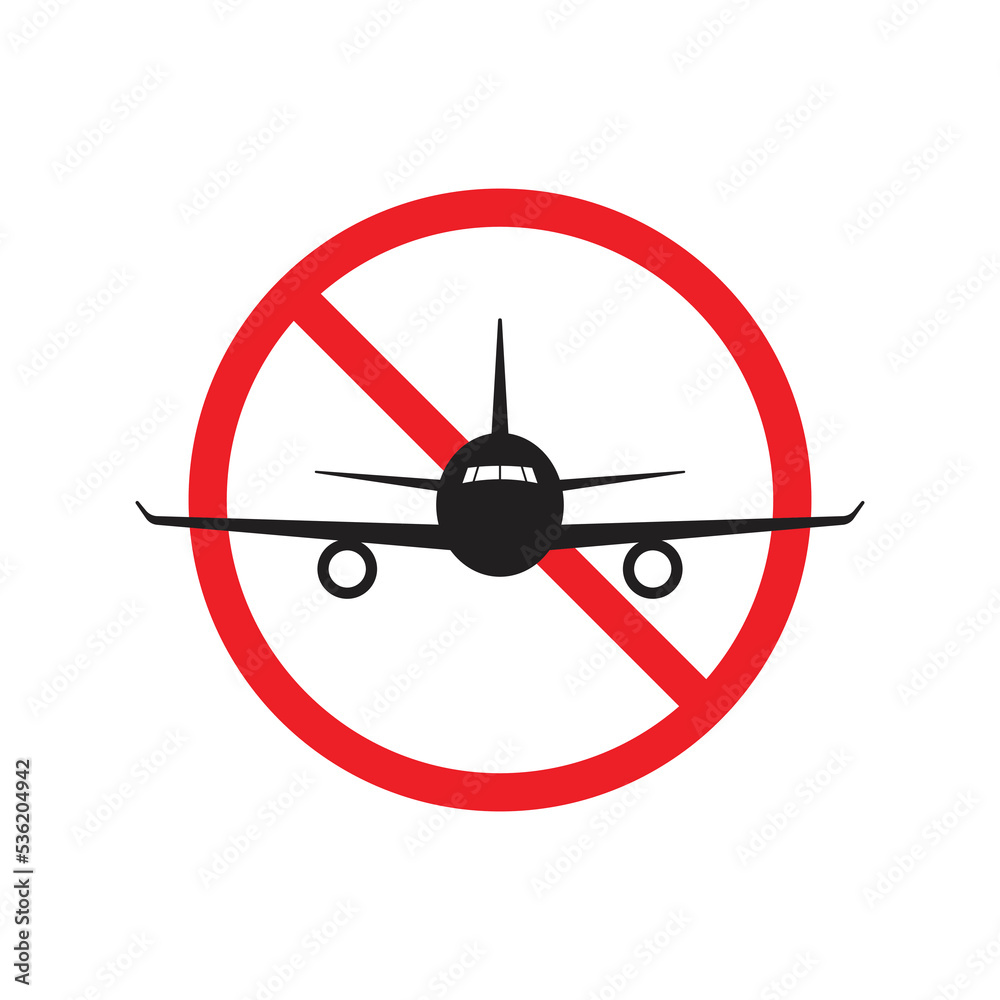 Travel ban icon design. no flight icon, no fly zone, ban travel on plane, isolated on white background Travel ban icon design. no flight icon, no fly zone, ban travel on plane, isolated on white background