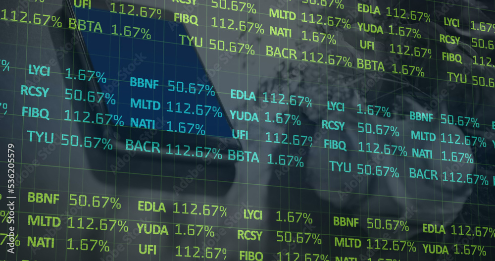 Obraz premium Image of stock market data processing against close up of a smartphone