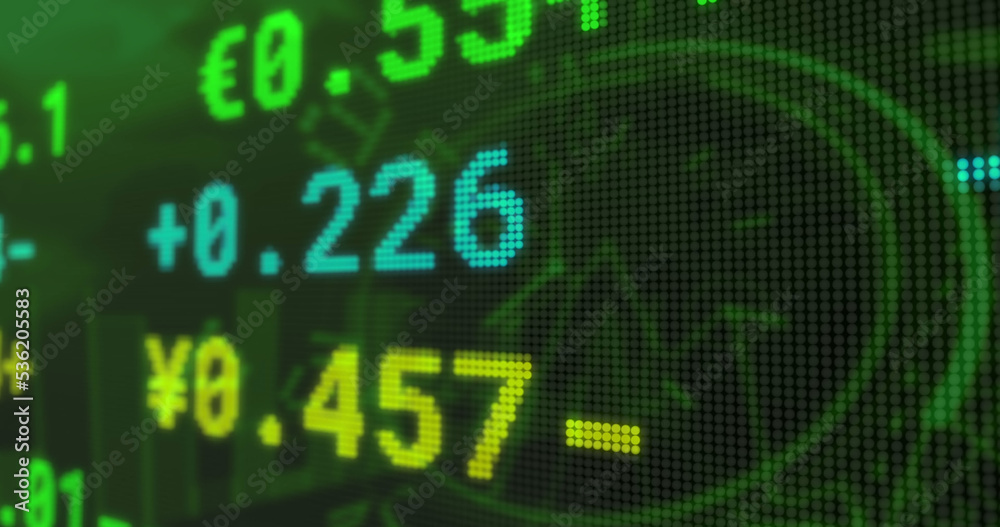 Image of stock market over clock on green background Image of stock market over clock on green background