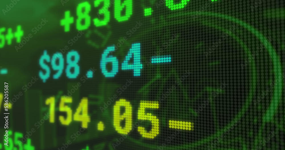 Image of stock market over clock on green background Image of stock market over clock on green background