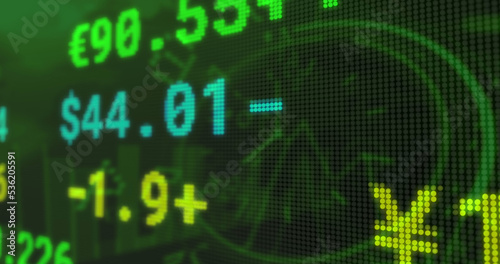 Image of stock market over clock on green background