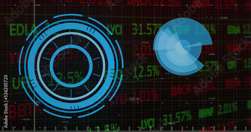 Image of round scanners over stock market data processing against black background