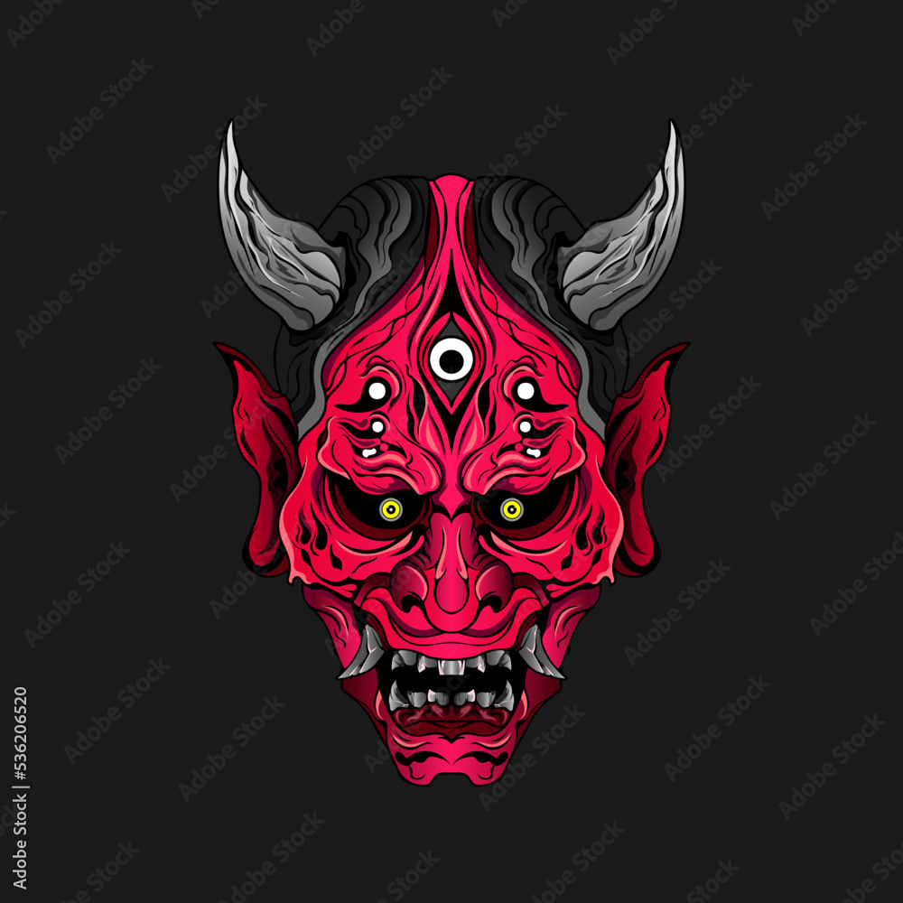 japanese Culture Red demon hanya mask or oni mask with hand draw style on white background. Ready for Print Apparel and tattoos