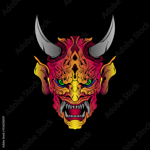 japanese Culture Yellow demon hanya mask or oni mask with hand draw style on white background. Ready for Print Apparel and tattoos