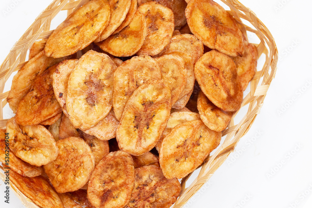 Banana chips on white background Banana chips on white background