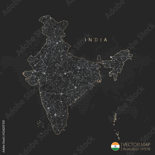 India map abstract geometric mesh polygonal light concept with black and white glowing contour lines countries and dots on dark background. Vector illustration eps10