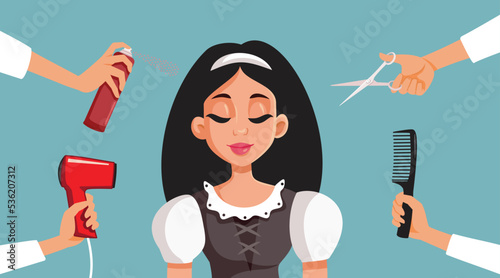Glam Team Arranging a Beautiful Princess Vector Cartoon Illustration. Beauty transformation of a girl by professionals doing teamwork effort
