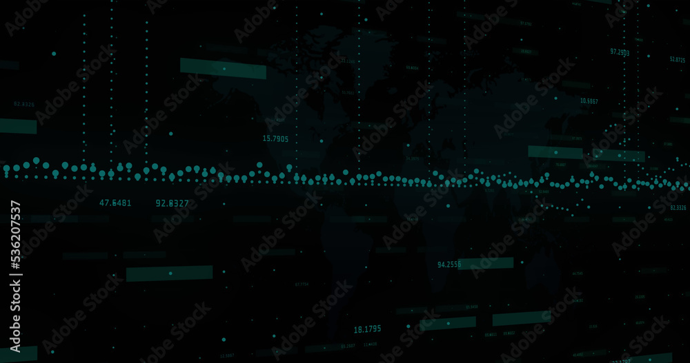 Image of financial data processing over stock market on blue background