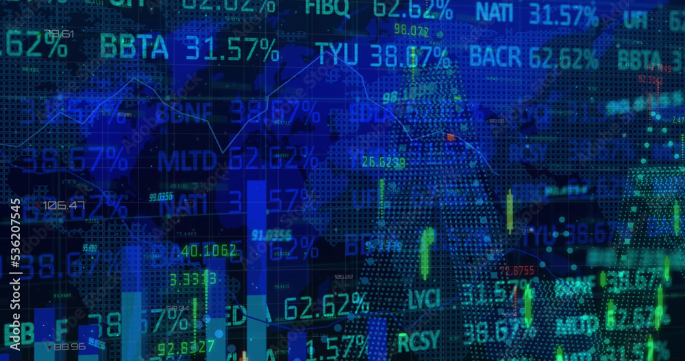 Image of financial data processing and stock market over world map on blue background