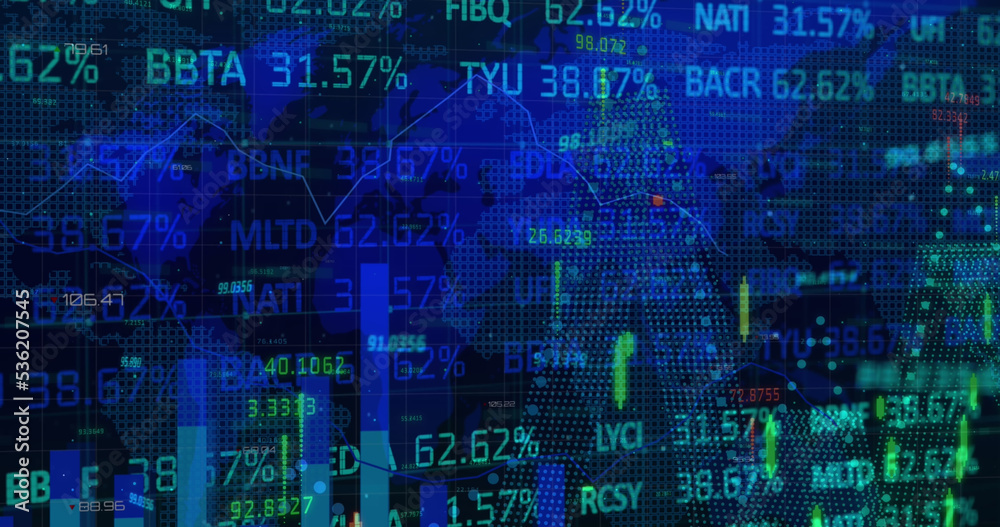 Image of financial data processing and stock market over world map on blue background Image of financial data processing and stock market over world map on blue background