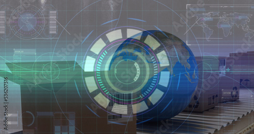 Composite of hud infographic interface over globe and cardboard boxes on conveyor belt
