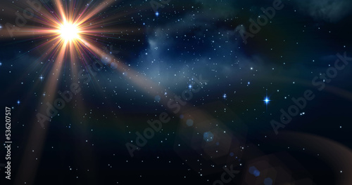 Illustration of bright sun shining amidst stars in skyscape, copy space