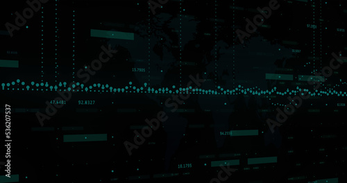 Image of financial data processing over stock market on blue background