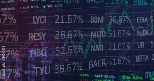 Digital image of statistical and stock market data processing against blue background