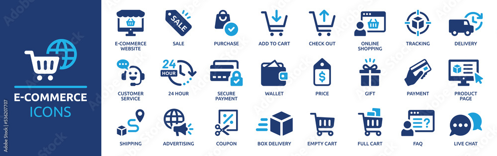 E-commerce icon set. Online shopping and delivery elements. E-business symbol. Solid icons vector collection. - obrazy, fototapety, plakaty 