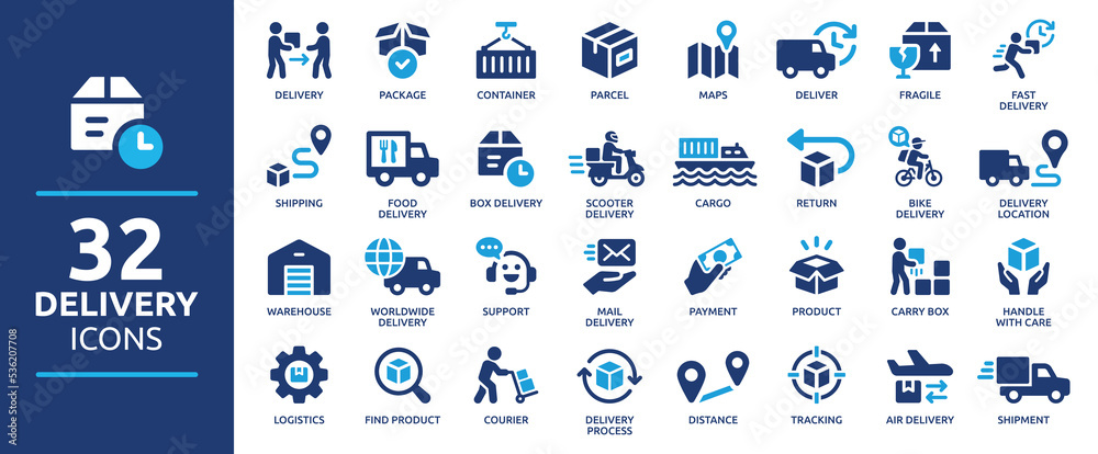Delivery service icon set. Containing order tracking, delivery home, warehouse, truck, scooter, courier and cargo icons. Shipping symbol. Solid icons vector collection. - obrazy, fototapety, plakaty 