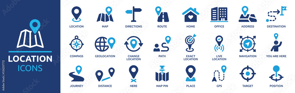 Naklejka premium Location icon set. Containing map, map pin, gps, destination, directions, distance, place, navigation and address icons. Solid icons vector collection.