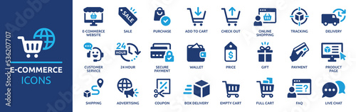 E-commerce icon set. Online shopping and delivery elements. E-business symbol. Solid icons vector collection. photo