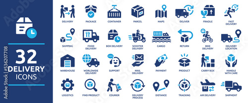 Delivery service icon set. Containing order tracking, delivery home, warehouse, truck, scooter, courier and cargo icons. Shipping symbol. Solid icons vector collection. photo