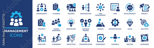 Business or organisation management icon set. Containing manager, teamwork, strategy, marketing, business, planning, training, employee icons. Solid icons vector collection.