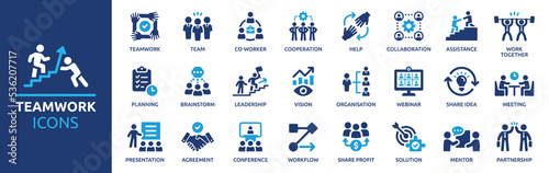 Teamwork icon set. Business team working together symbol. Co-worker, cooperation and collaboration icons. Solid icons vector collection.