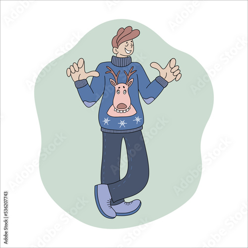Young guy in an ugly Christmas sweater with a deer. Vector cartoon illustration .