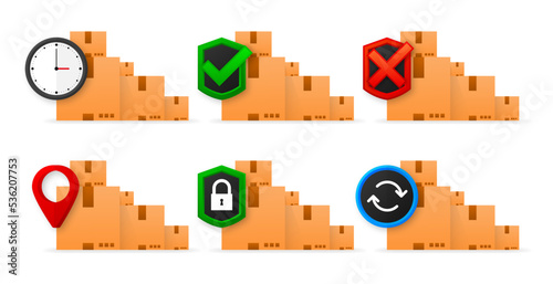 Delivery service steps. Delivery boxes. Express delivery. Shipment of goods, tracking, security, return, approved and rejected parcel. Vector illustration.