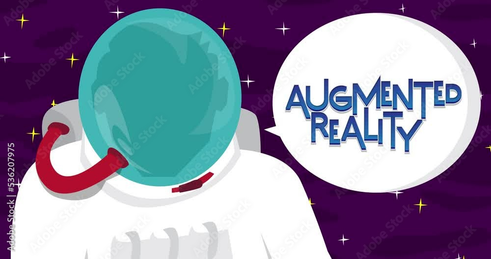 Astronaut saying Augmented Reality in space with speech bubble. Abstract cartoon animation. 4k HD Format resolution video. Astronaut saying Augmented Reality in space with speech bubble. Abstract cartoon animation. 4k HD Format resolution video.