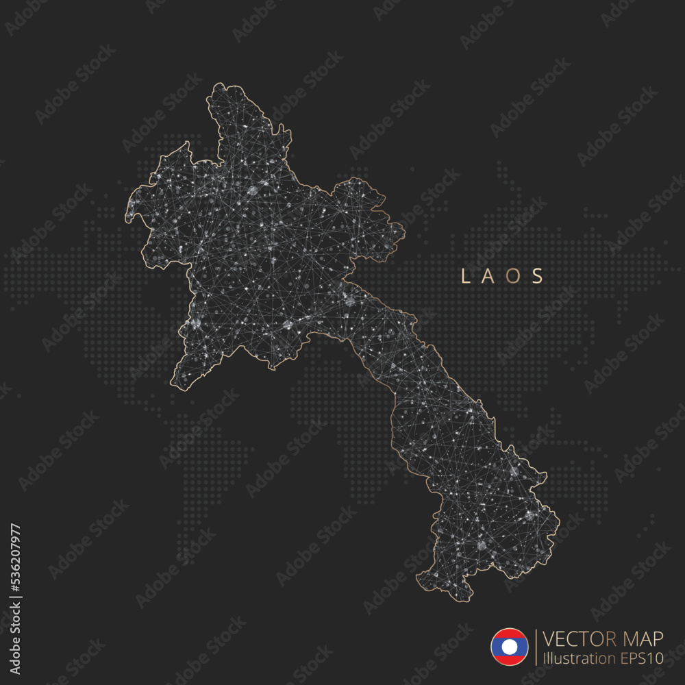 Laos map abstract geometric mesh polygonal light concept with black and white glowing contour lines countries and dots on dark background. Vector illustration eps10