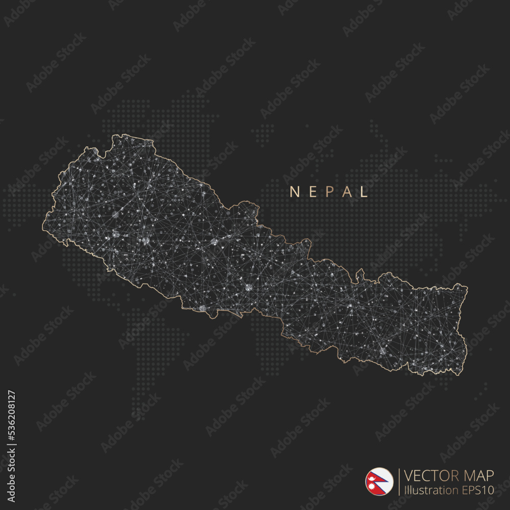 Naklejka premium Nepal map abstract geometric mesh polygonal light concept with black and white glowing contour lines countries and dots on dark background. Vector illustration eps10