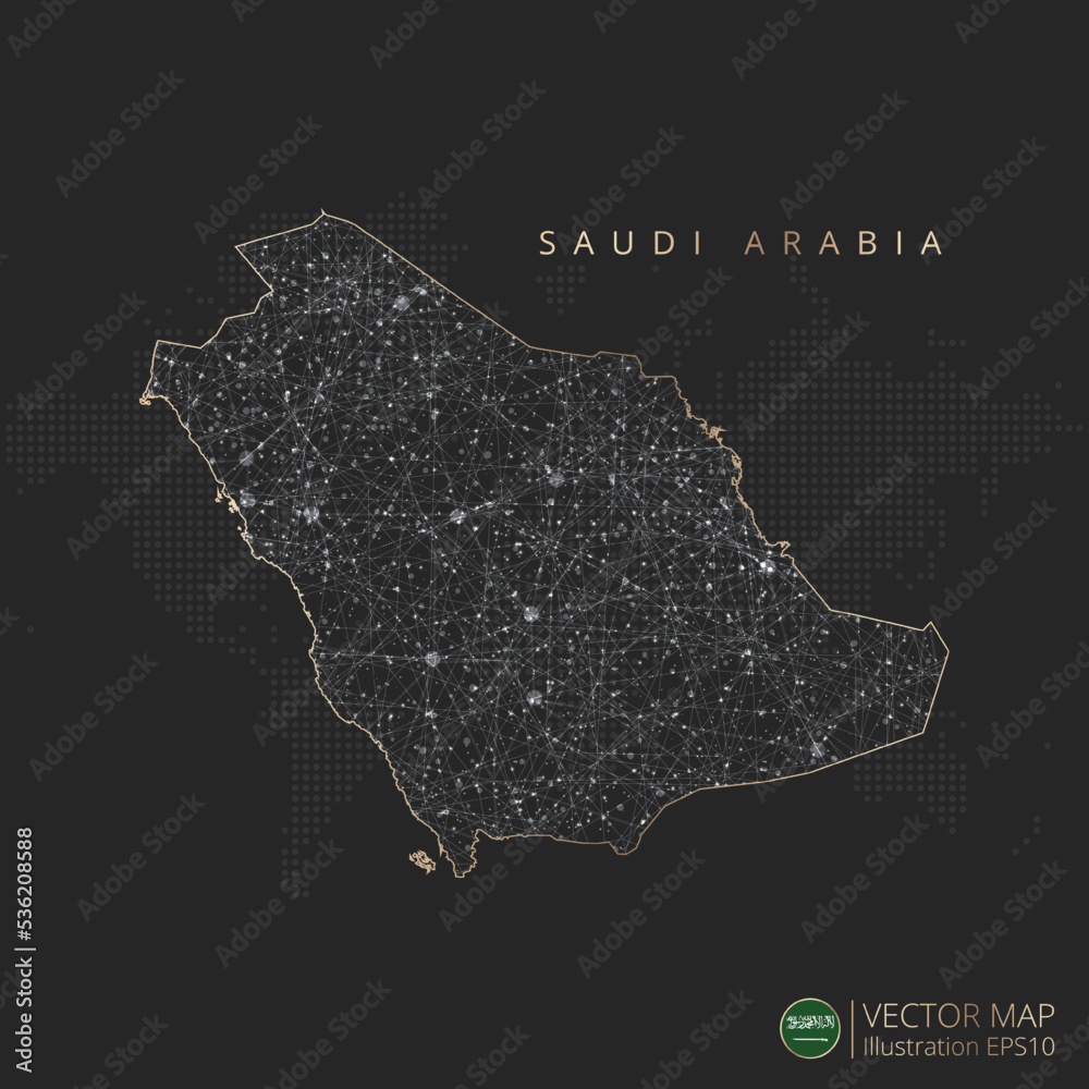 Saudi Arabia map abstract geometric mesh polygonal light concept with black and white glowing contour lines countries and dots on dark background. Vector illustration eps10