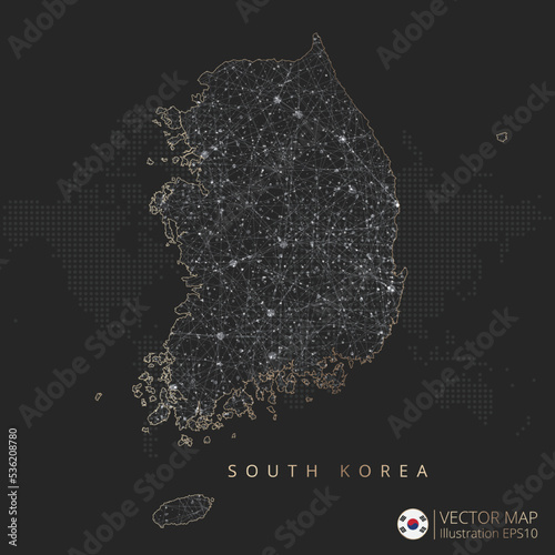 South Korea map abstract geometric mesh polygonal light concept with black and white glowing contour lines countries and dots on dark background. Vector illustration eps10