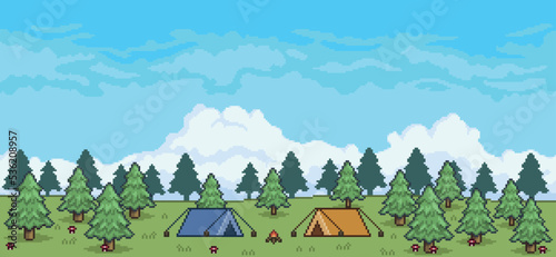 Pixel art pine forest camping landscape with tents and campfire 8 bit game background
